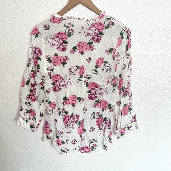 ModCloth Pink And White Rayon 3/4 Sleeve Floral Swiss Dot Tie Neck Blouse - Picture 7 of 8